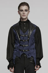 Black/Blue Lapel V-neck Sleeveless Jacquard Buckle Men's Gothic Vest